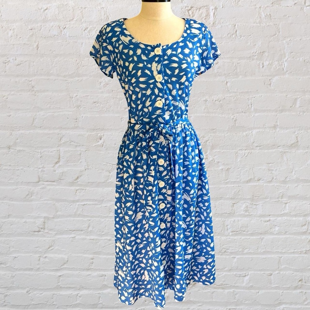 Vintage Blue and White Flutter Sleeve Midi Sundress